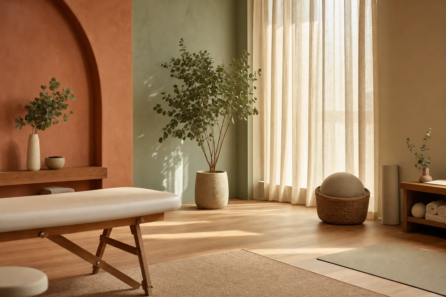 Estudio de terapia cálido en tonos terracota y verde salvia, con luz natural